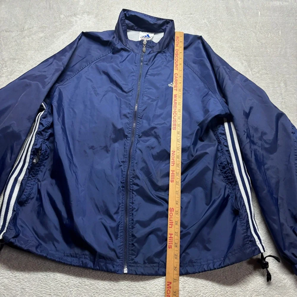 VTG Adidas Mens XL Navy Blue Windbreaker Full Zip Mesh Lined Jacket 3 Stripe Y2K